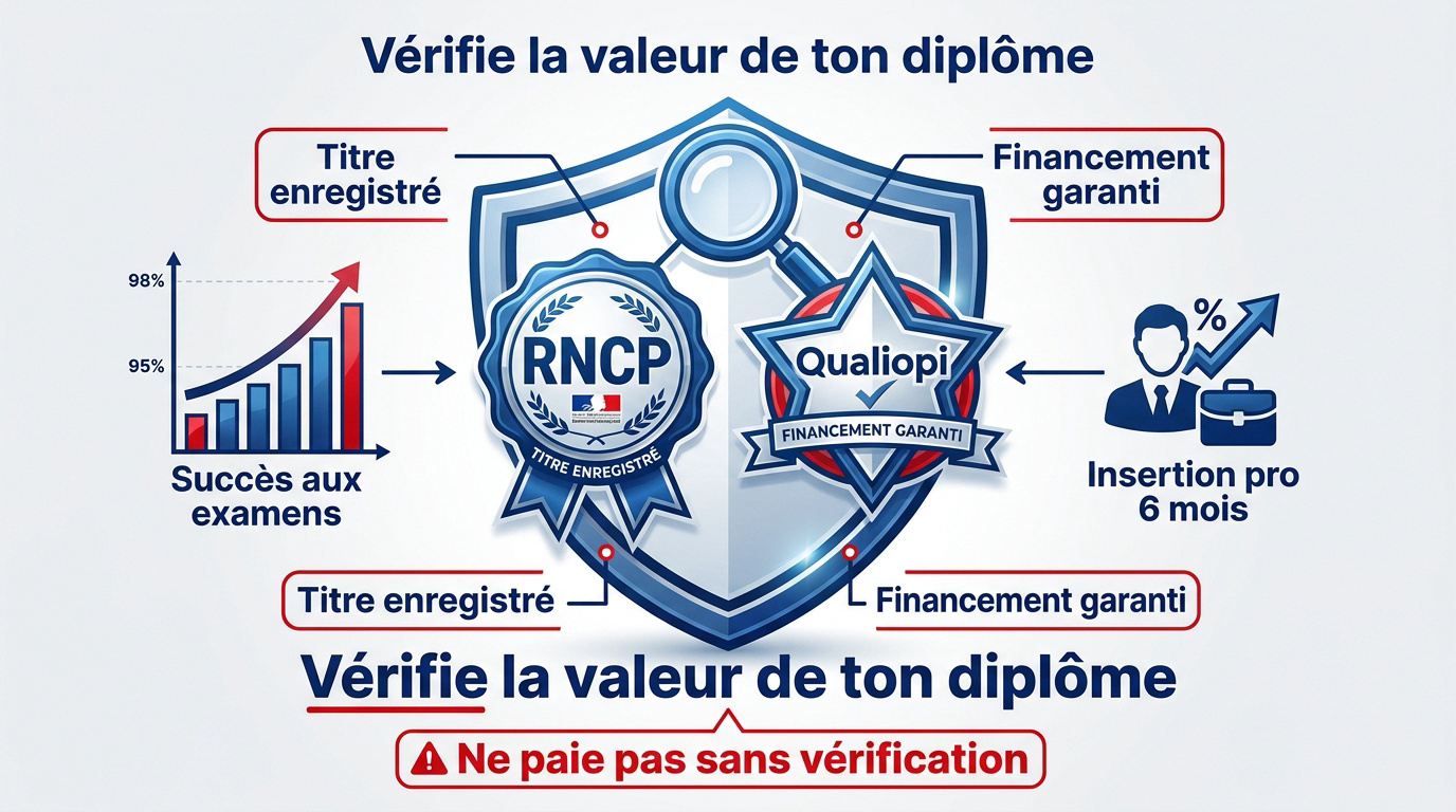 Vérification des logos RNCP et Qualiopi pour un diplôme reconnu