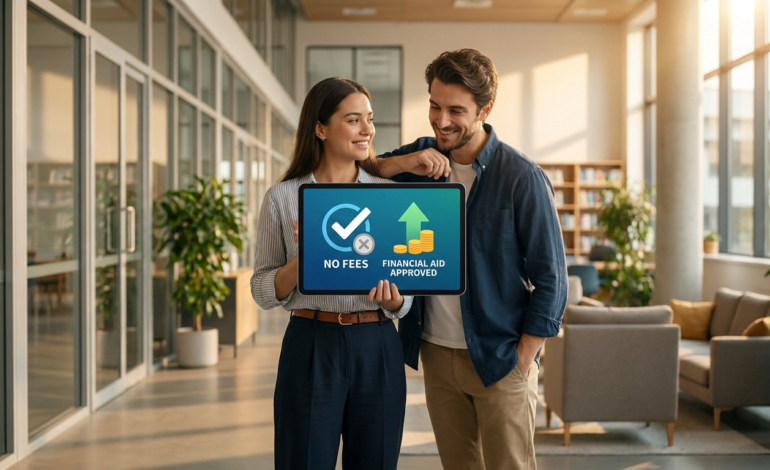 Un couple souriant tient une tablette affichant « No Fees » et « Financial Aid Approved » dans un bureau moderne.