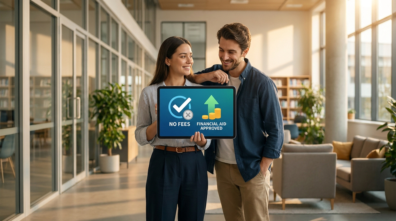 Un couple souriant tient une tablette affichant « No Fees » et « Financial Aid Approved » dans un bureau moderne.