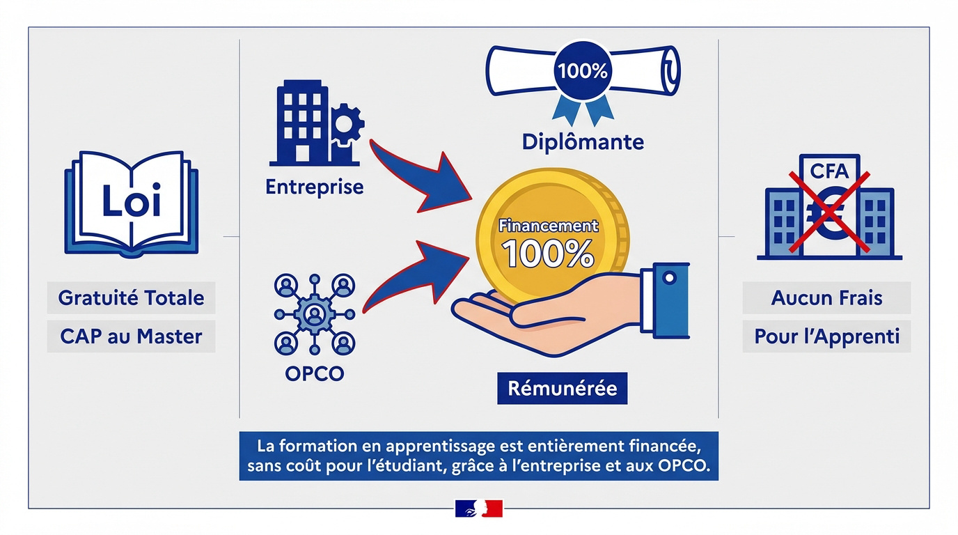 Schéma expliquant la formation en apprentissage à 0 euro pour l'apprenti