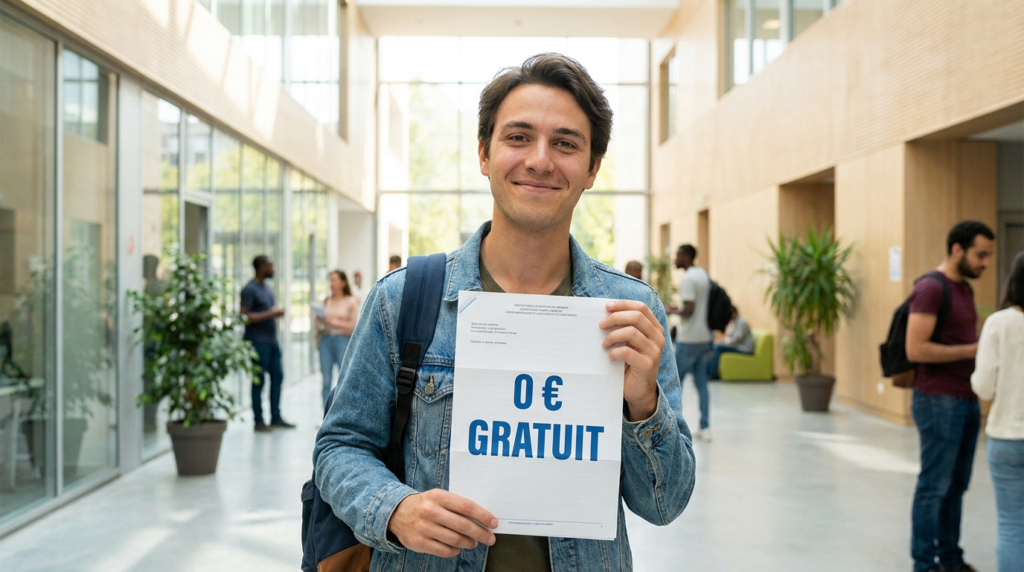 Un étudiant souriant tient une feuille affichant "0 € GRATUIT" dans un hall d'école moderne.
