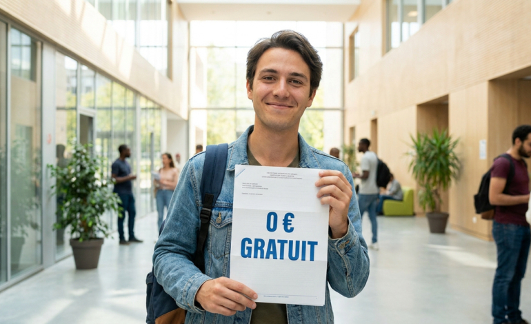 Un étudiant souriant tient une feuille affichant "0 € GRATUIT" dans un hall d'école moderne.