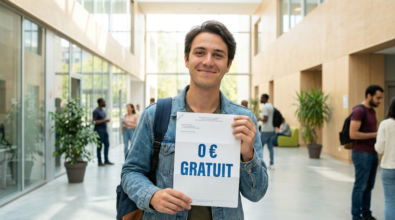 Un étudiant souriant tient une feuille affichant "0 € GRATUIT" dans un hall d'école moderne.