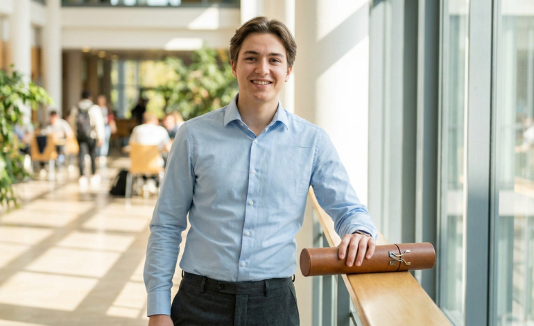 Un jeune homme souriant en chemise bleue tient un étui à diplôme dans un couloir d'université lumineux.