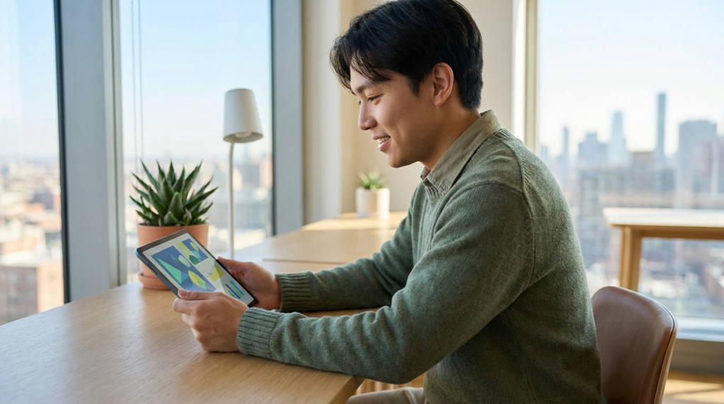 Un jeune homme en pull vert regarde des graphiques sur une tablette près d'une fenêtre avec vue sur une ville.