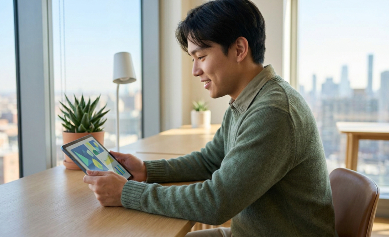 Un jeune homme en pull vert regarde des graphiques sur une tablette près d'une fenêtre avec vue sur une ville.