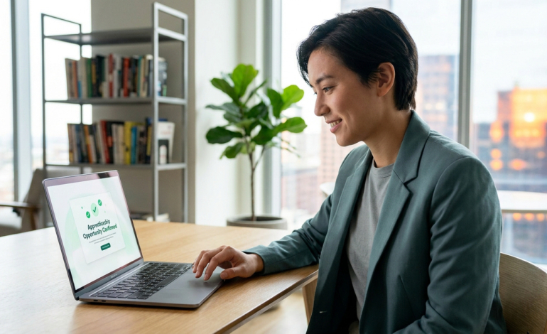 Une personne souriante devant un ordinateur portable affichant une confirmation de succès pour une opportunité.