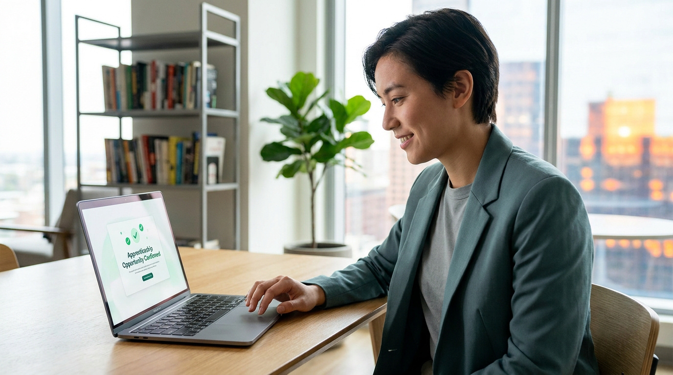 Une personne souriante devant un ordinateur portable affichant une confirmation de succès pour une opportunité.