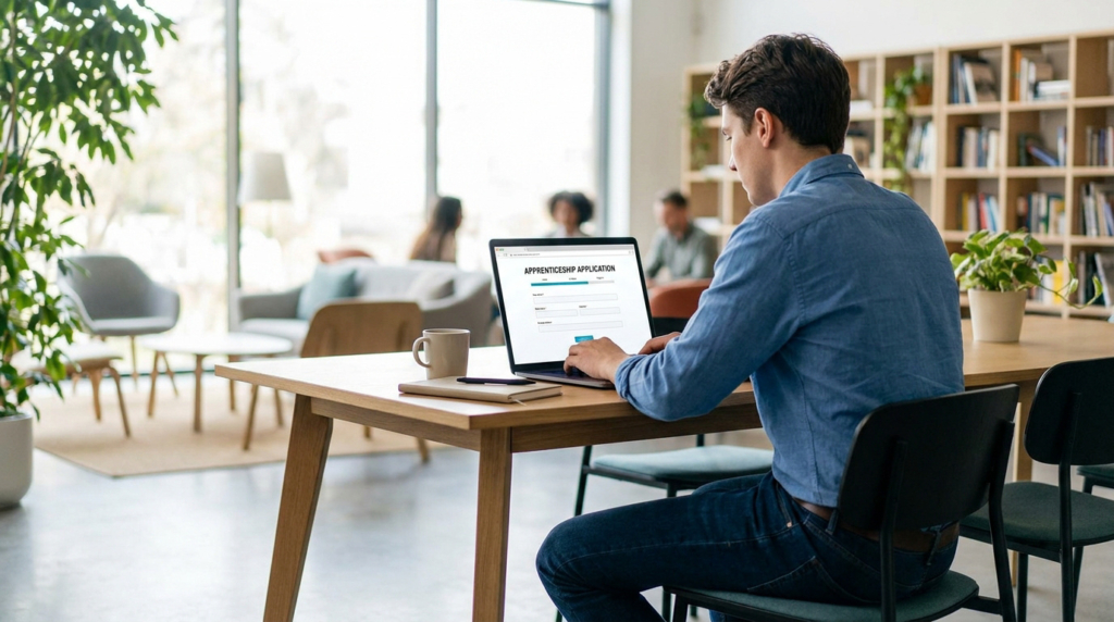 Un jeune homme remplit un formulaire de candidature en alternance sur son ordinateur portable dans un espace de coworking.