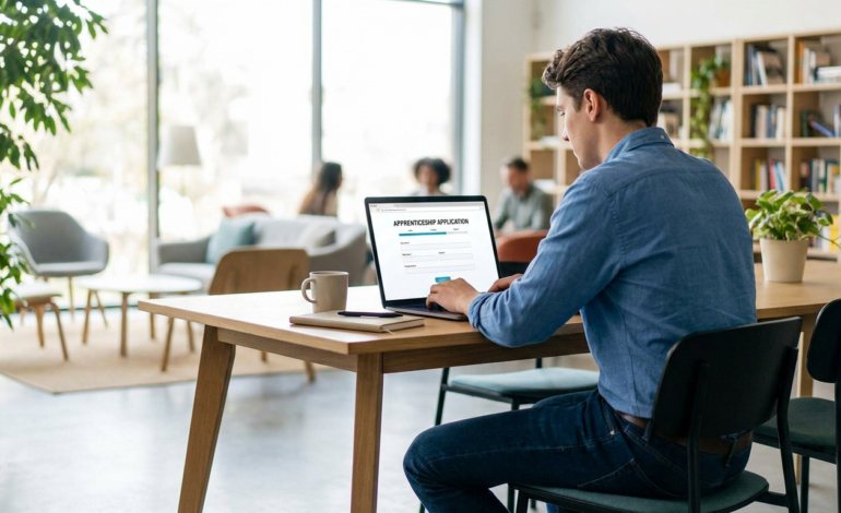 Un jeune homme assis à une table de bureau remplissant un formulaire de candidature en alternance sur son ordinateur.