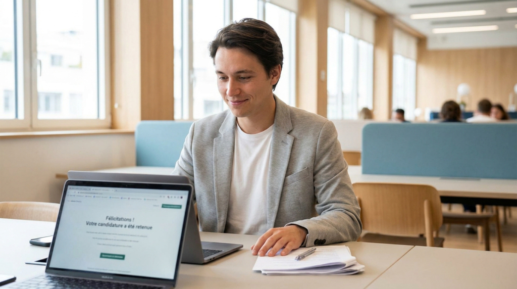 Un jeune homme souriant devant son ordinateur affiche un message de réussite pour une candidature en alternance.