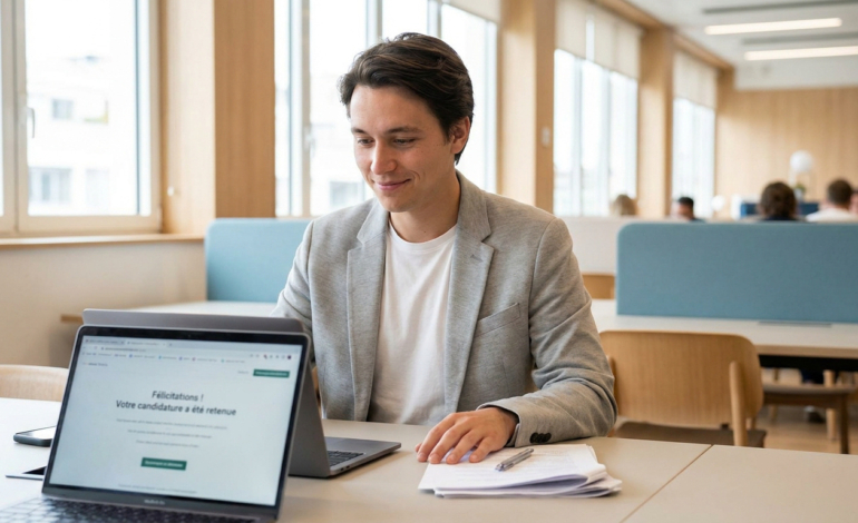 Un jeune homme souriant devant son ordinateur reçoit une notification de candidature positive pour une alternance.