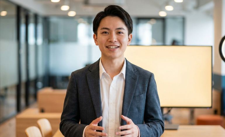 Un jeune homme souriant en costume s'exprime face caméra dans un bureau professionnel.
