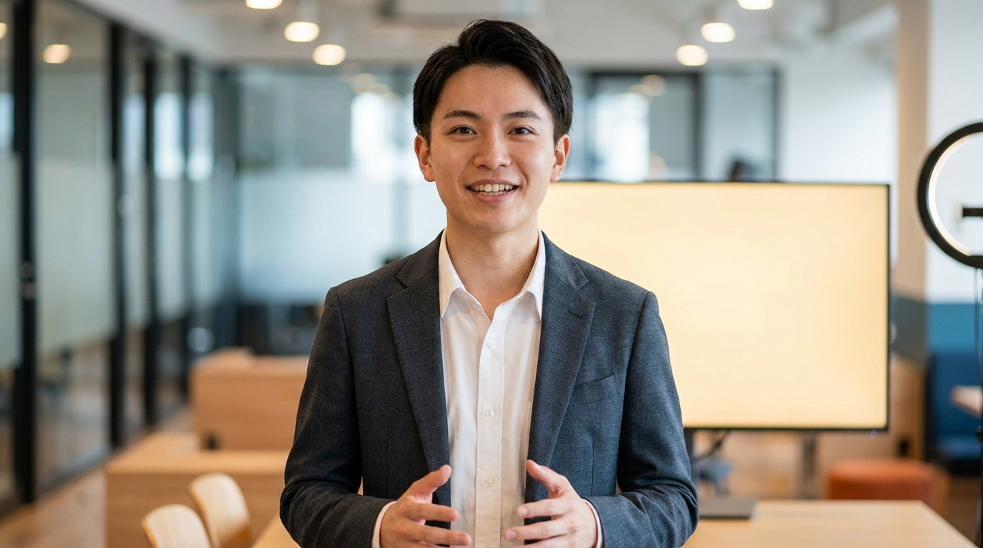 Un jeune homme souriant en costume s'exprime face caméra dans un bureau professionnel.